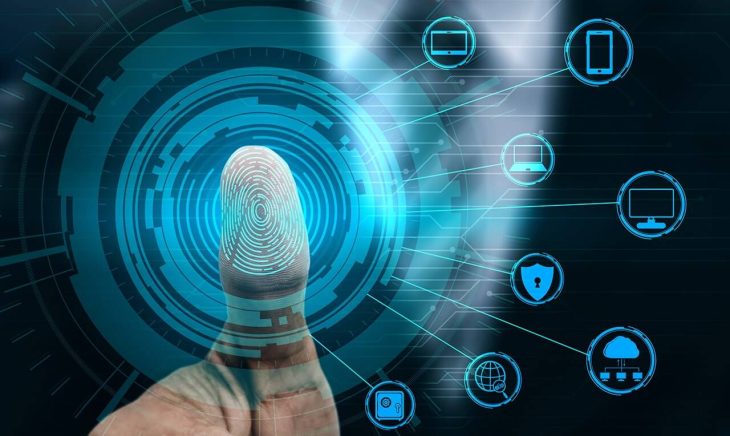 Fingerprint Biometric Digital Scan Technology. Graphic interface showing man finger with print scanning identification. Concept of digital security and private data access by use fingerprint scanner.